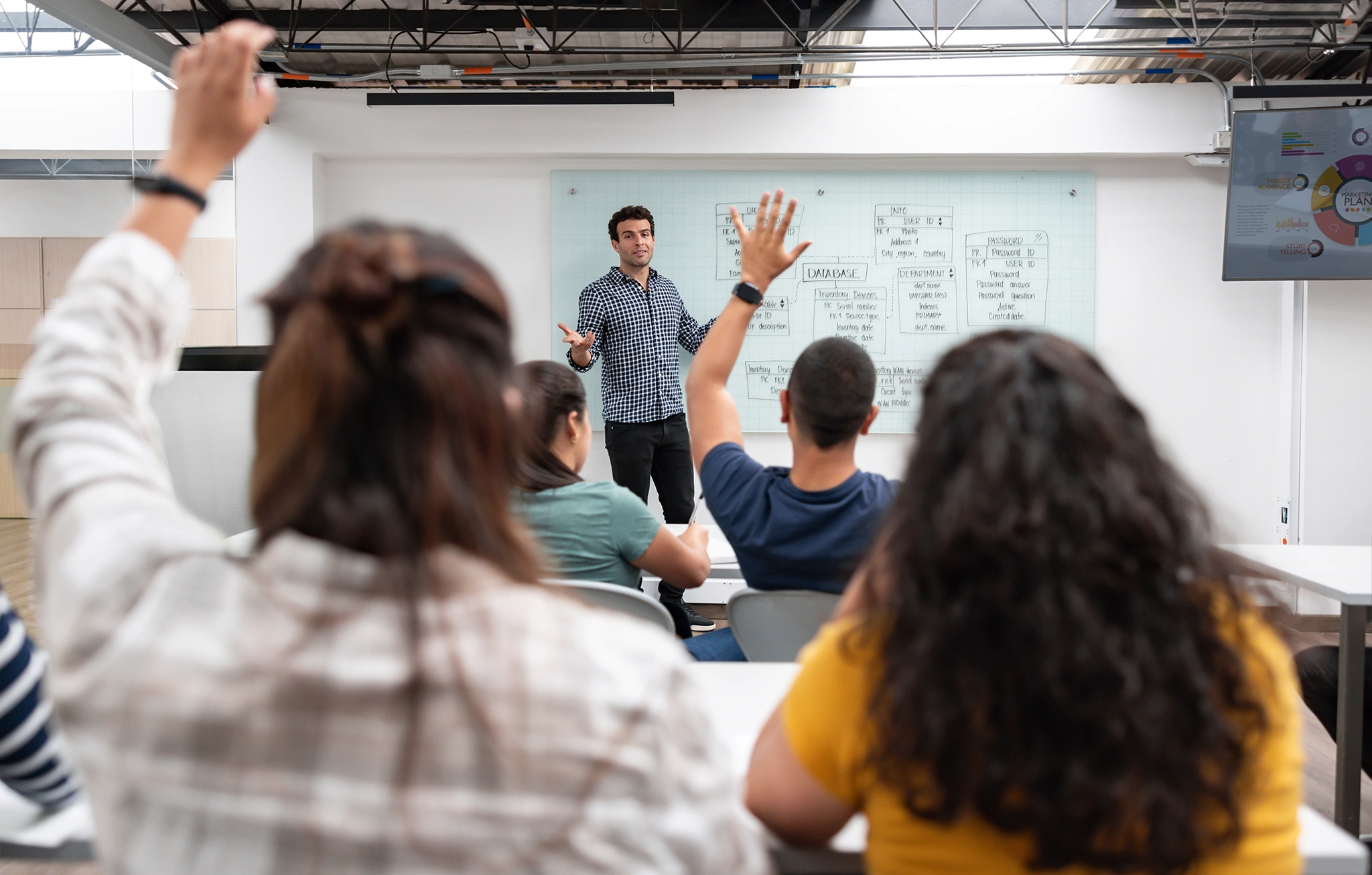 Teacher in front of white board talking to classroom.